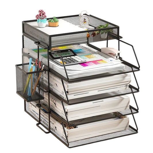 COMFORT black mesh desk organizer with 4 tiers and side caddy, holding files, calculator, stapler, pens, and decorative plants.