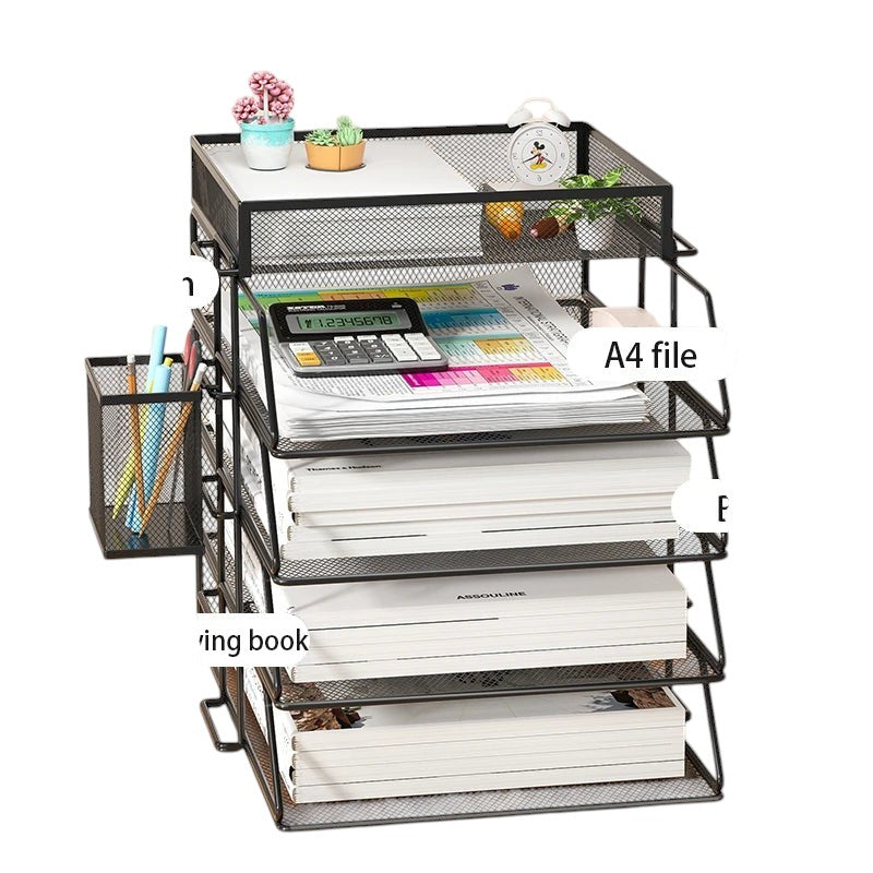 COMFORT black mesh desk organizer with 5 tiers, side caddy, calculator, potted plants, and alarm clock.
