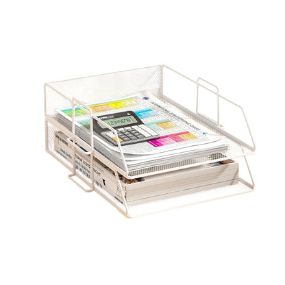 COMFORT white 2-tier mesh desk organizer with vertical design, holding files and a calculator.