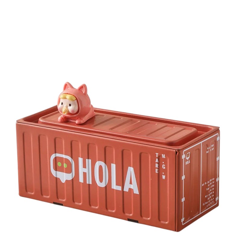 COMFORTH metal pen holder shaped like a red shipping container with "HOLA" text and a cute baby figure on top.