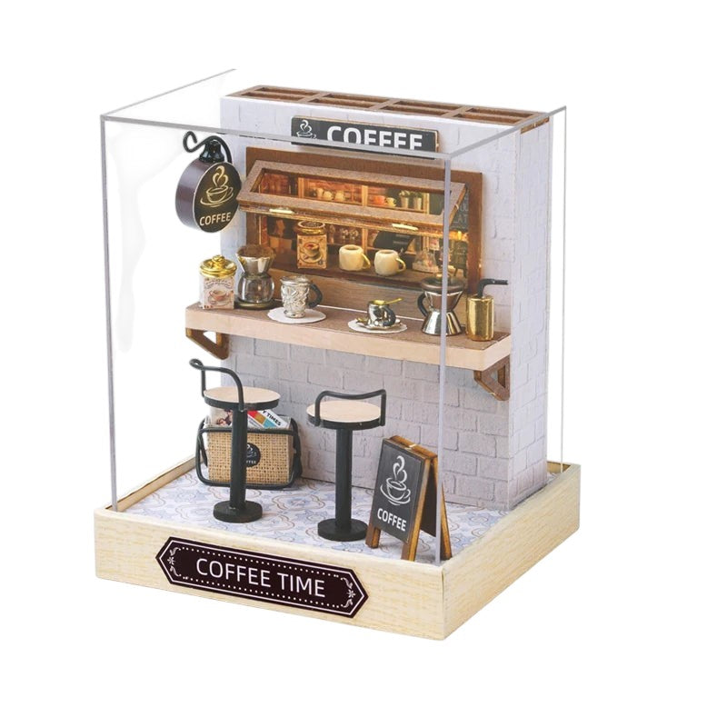 COMFORTH miniature coffee shop building kit with brick walls, counter, stools, and coffee-making accessories.