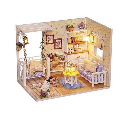 COMFORTH miniature dollhouse building kit with a cat, sofa, swing, table, and shelves.