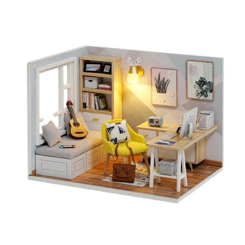 COMFORTH miniature dollhouse building kit featuring a cozy room with a desk, chair, guitar, and bookshelf.