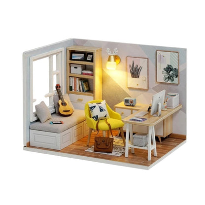 COMFORTH miniature dollhouse building kit featuring a cozy room with a desk, chair, guitar, and bookshelf.