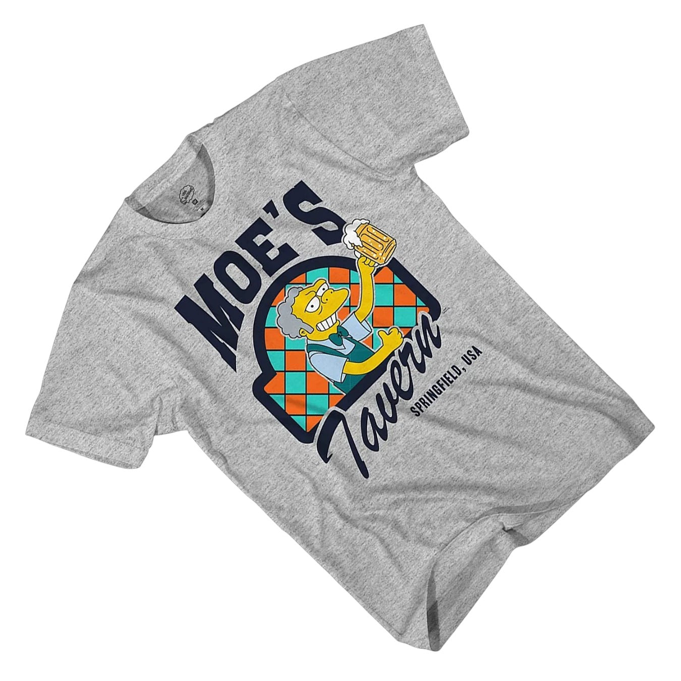 COMFORTHere's Moe Szyslak from The Simpsons holding a beer with the Moe's Tavern logo on a grey heather t-shirt.