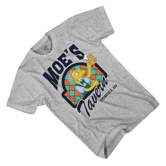COMFORTHere's Moe Szyslak from The Simpsons holding a beer with the Moe's Tavern logo on a grey heather t-shirt.
