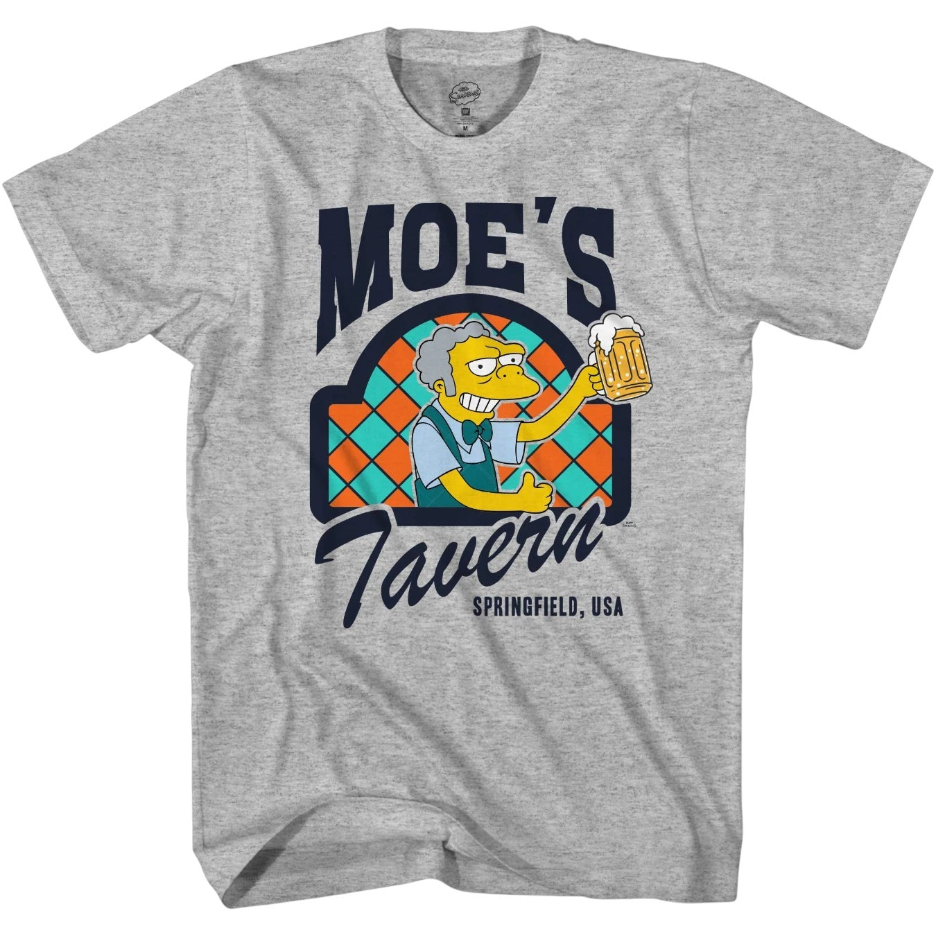 COMFORTHere's Moe Szyslak from The Simpsons holding a beer mug in front of Moe's Tavern logo on a grey heather t-shirt.