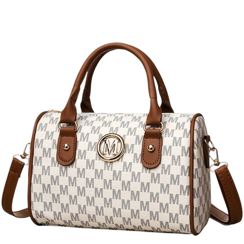 COMFORTH Monogram Barrel Handbag with shoulder strap, white with grey monogram print and brown trim.