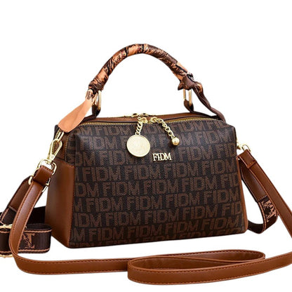 COMFORTH fashion monogram satchel handbag in brown faux leather with gold-tone hardware and scarf-wrapped handles.