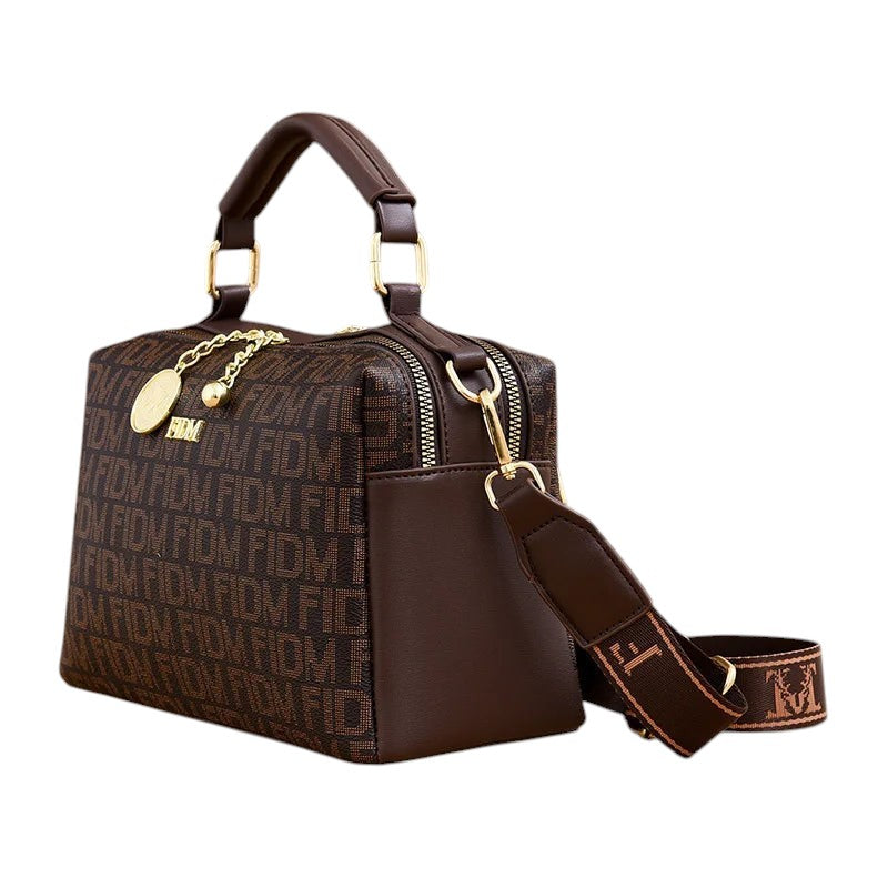 COMFORTH fashion monogram satchel handbag in brown faux leather with gold-tone hardware and detachable strap.