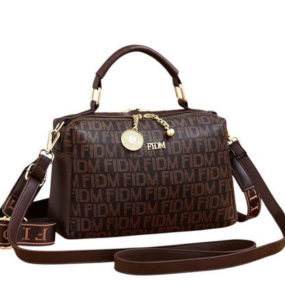 COMFORTH monogram satchel handbag in brown faux leather with gold-tone hardware and detachable strap.