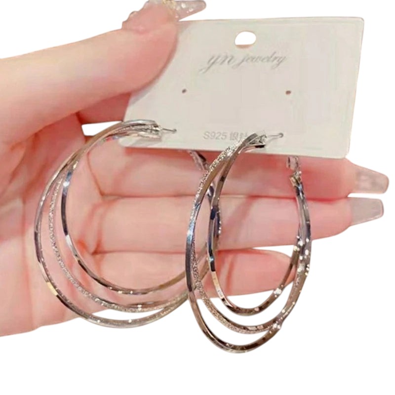 COMFORTH Elegant multi-layered hoop earrings for women, silver-tone metal with textured finish, lightweight and chic.