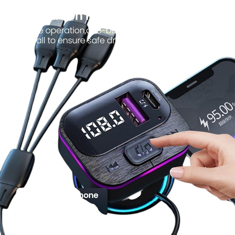 COMFORTH black multi-port car charger with USB and Type-C ports, Bluetooth 5.0, and LED lighting.