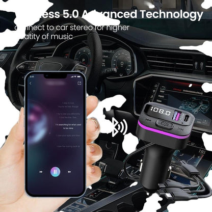 COMFORTH multi-port car charger with Bluetooth 5.0, USB & Type-C ports, and LED lighting. Black.
