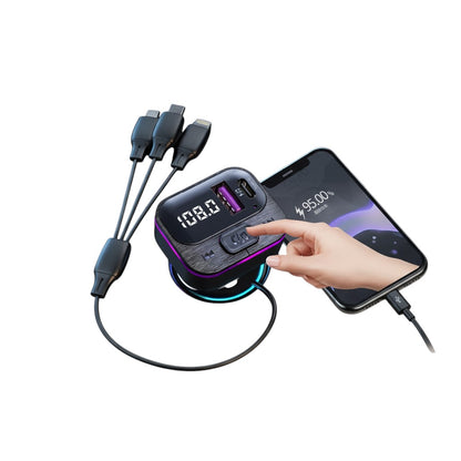 COMFORTH black multi-port car charger with Bluetooth, USB & Type-C ports, and LED display showing 108.0 FM.