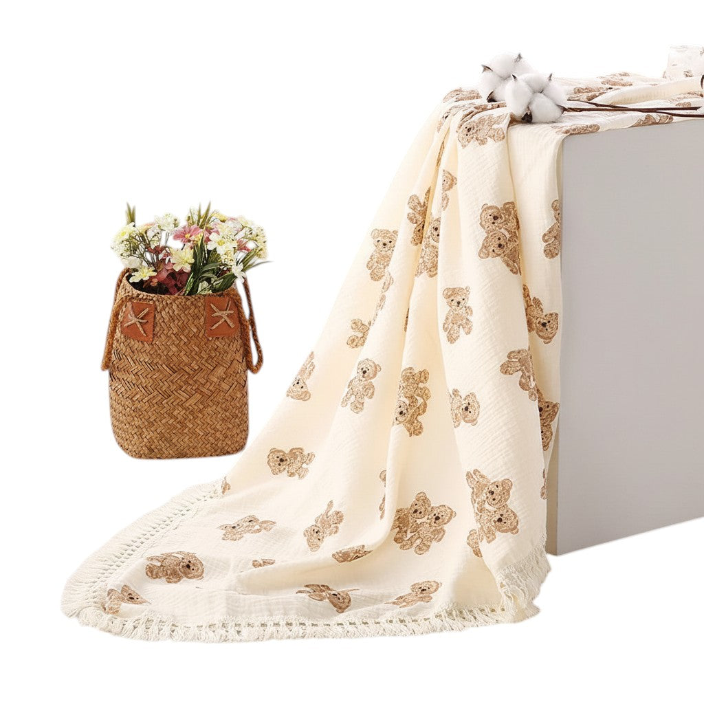 COMFORTH cream muslin blanket with all-over teddy bear print and fringe detail