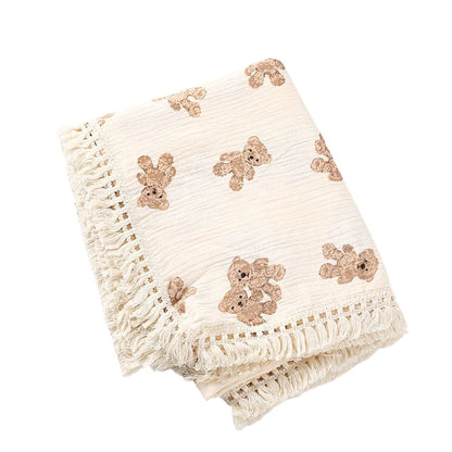 COMFORTH cream muslin blanket with all-over teddy bear print and fringe detail