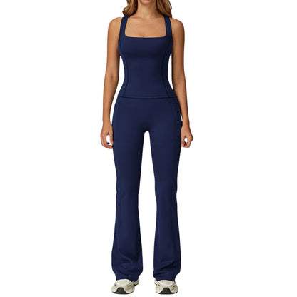COMFORTH Women's navy blue athletic two-piece set with square neck tank top and flare leggings. V-waistband.