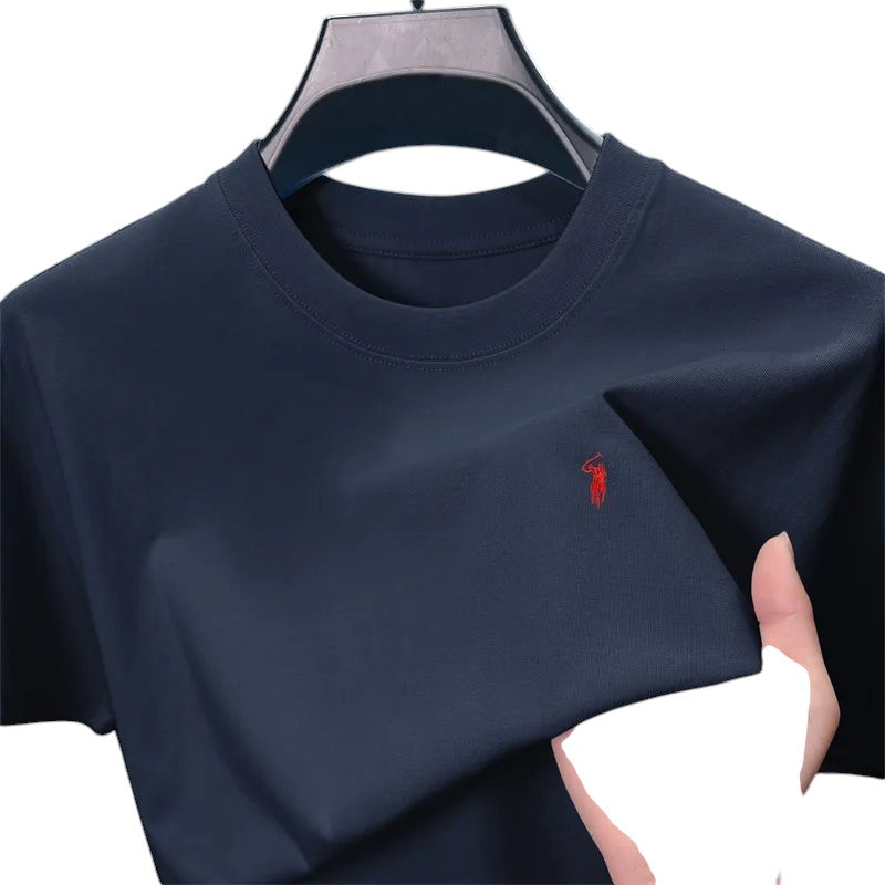 COMFORT navy blue short sleeve crew neck t-shirt with red embroidered logo on chest, made of cotton blend.