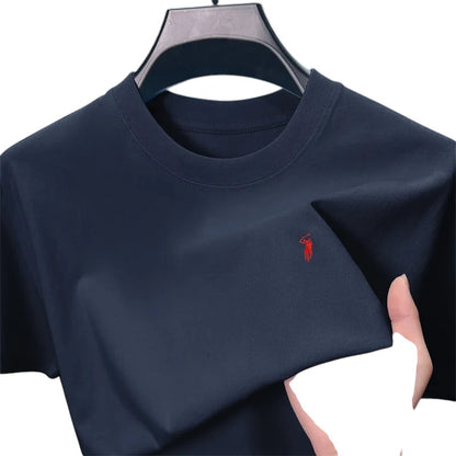 COMFORT navy blue short sleeve crew neck t-shirt with red embroidered logo on chest, made of cotton blend.
