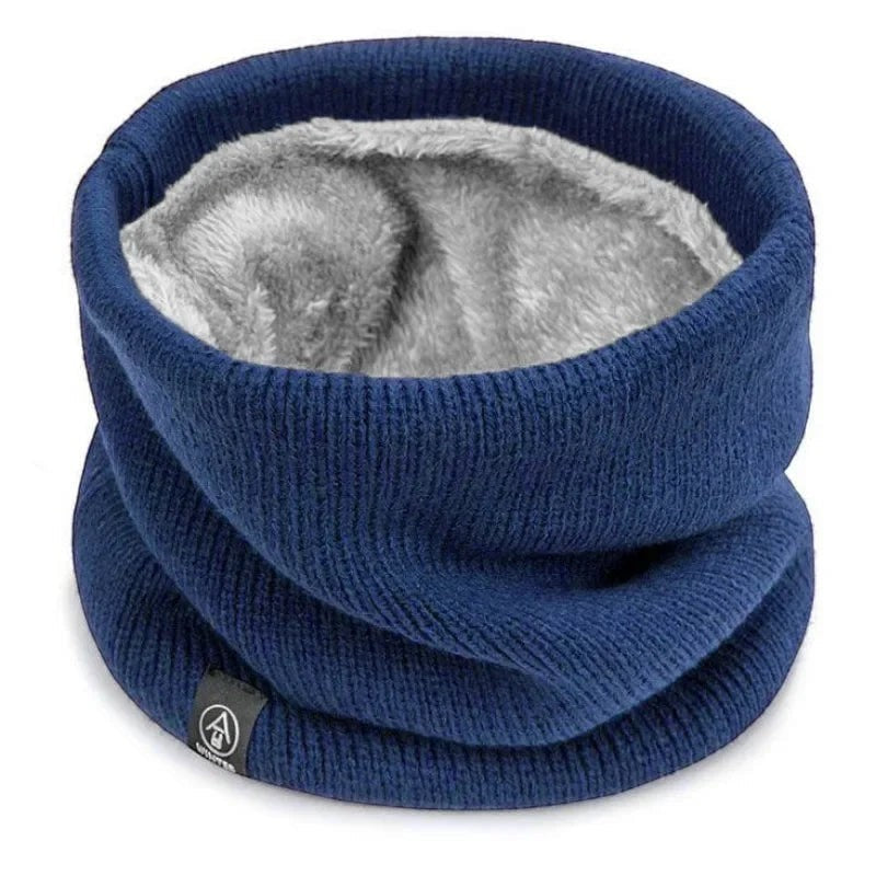 COMFORT navy blue knit neck gaiter scarf with plush grey fleece lining. Versatile winter accessory.