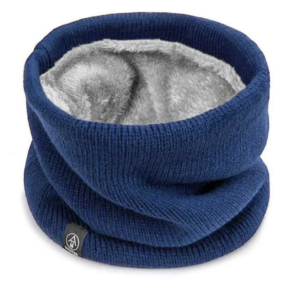COMFORT navy blue knit neck gaiter scarf with plush grey fleece lining. Versatile winter accessory.