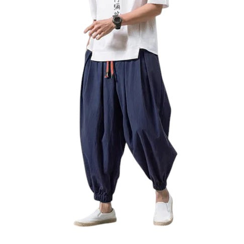 Comfortable Loose Fit Linen Blend Harem Pants Navy