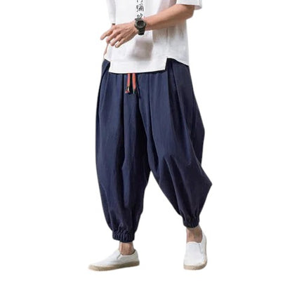 Comfortable Loose Fit Linen Blend Harem Pants Navy