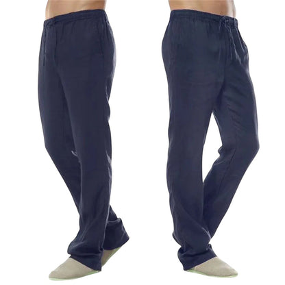COMFORT navy blue linen blend drawstring casual pants with side pockets