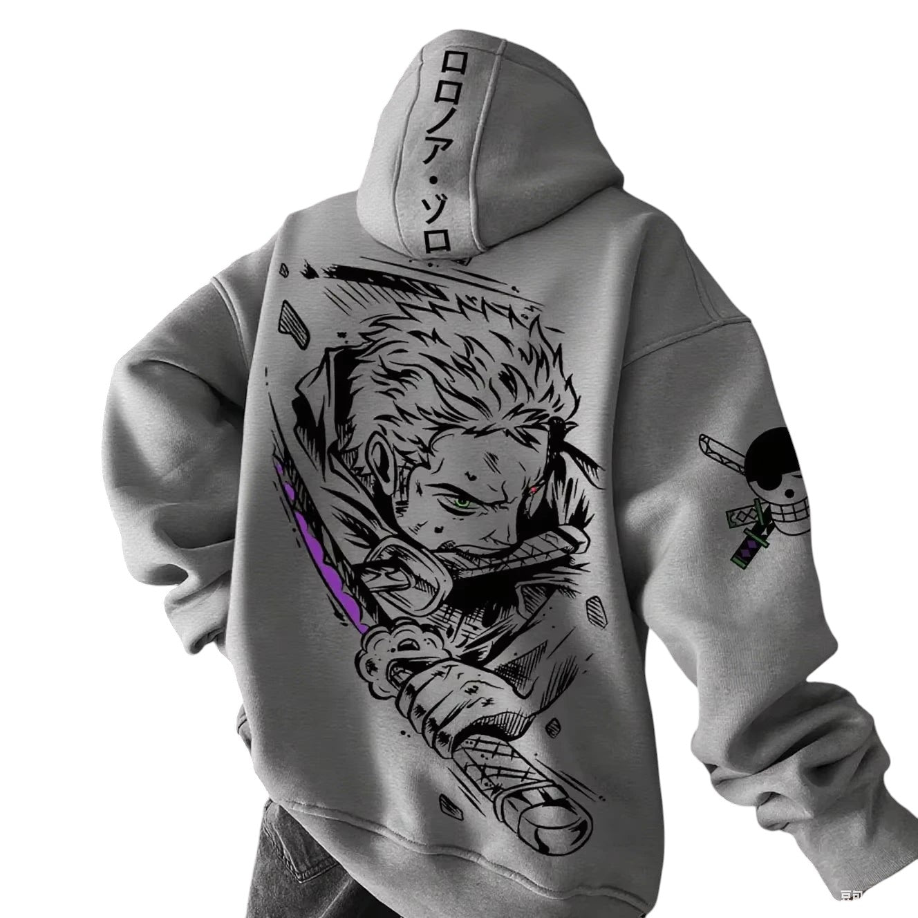 COMFORTH grey graphic hoodie with Roronoa Zoro anime art and Japanese lettering on hood. Features a front pocket.