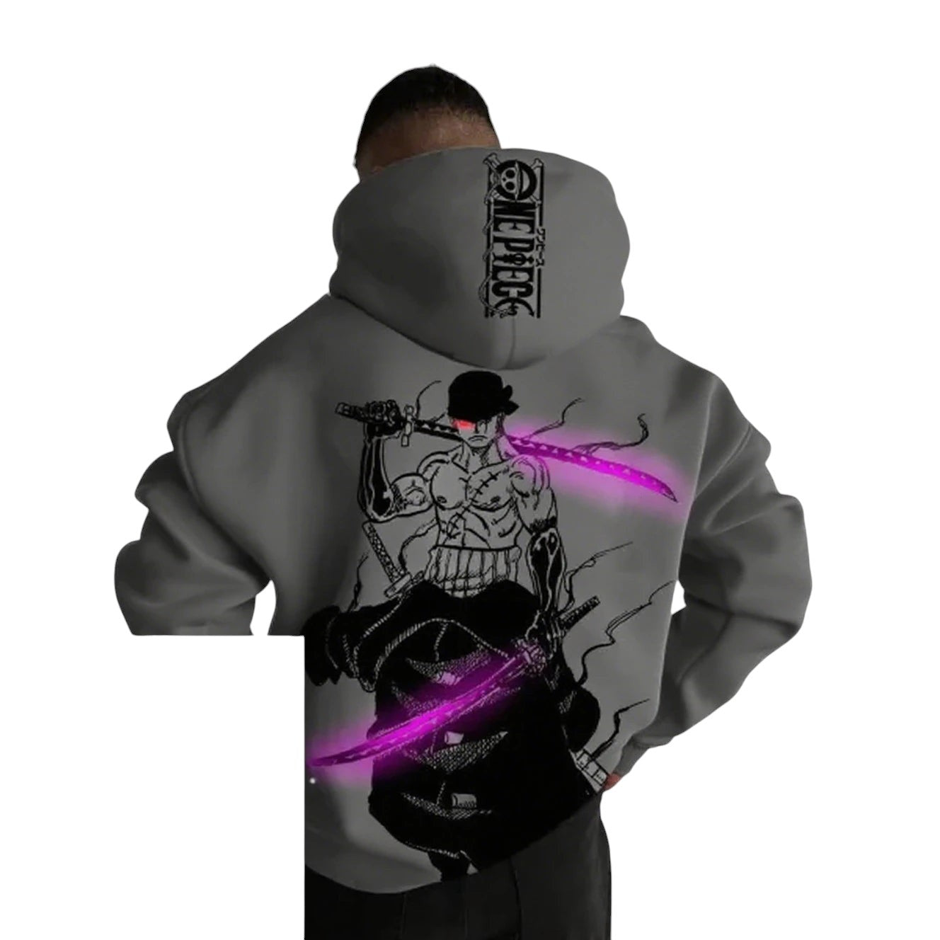 COMFORT grey anime graphic hoodie with Roronoa Zoro design and One Piece logo on back. Soft fabric.