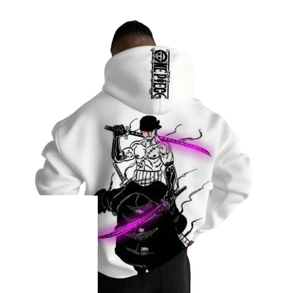 COMFORTH white One Piece Roronoa Zoro graphic hoodie with front pocket and Japanese lettering.