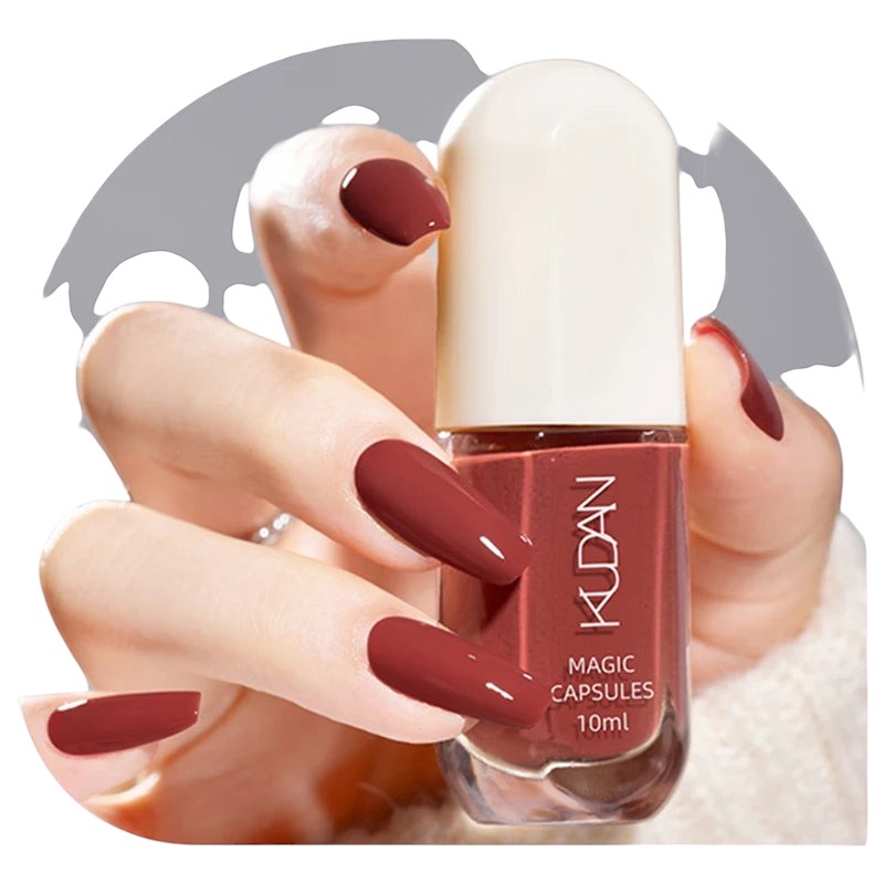 COMFORTH water-based peel off nail polish in a muted brick red shade, 10ml bottle.