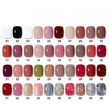 COMFORTH 40 colors water-based peel-off nail polish collection, including reds, nudes, glitters, and pastels.