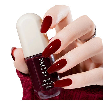 COMFORTH water-based peel-off nail polish in deep red, 10ml bottle. Long coffin nails with matching glossy finish.