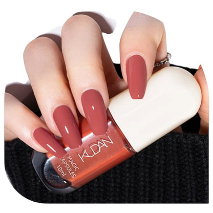 COMFORTH water-based peel off nail polish in a dusty rose shade, coffin shape, 10ml bottle.