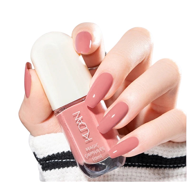 COMFORTH water-based peel off nail polish in dusty rose. Long, glossy nails with a matte finish.