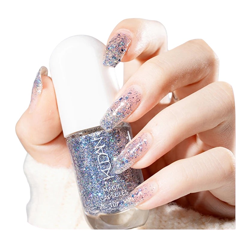 COMFORTH water-based peel off nail polish in glittery blue and pink shades. Long nails with glitter polish.