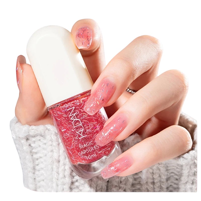 COMFORTH water-based peel-off nail polish in a shimmering rose gold glitter shade. 10ml bottle.