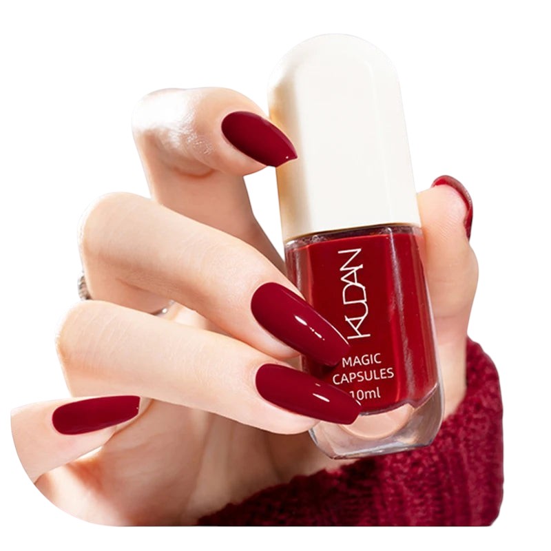 COMFORTH water-based peel off nail polish in deep red, 10ml bottle with applicator.