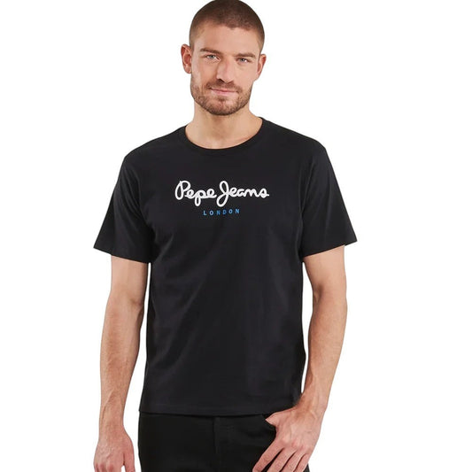 COMFORTHere is the original image: Pepe Jeans London black cotton t-shirt with white logo and blue text.