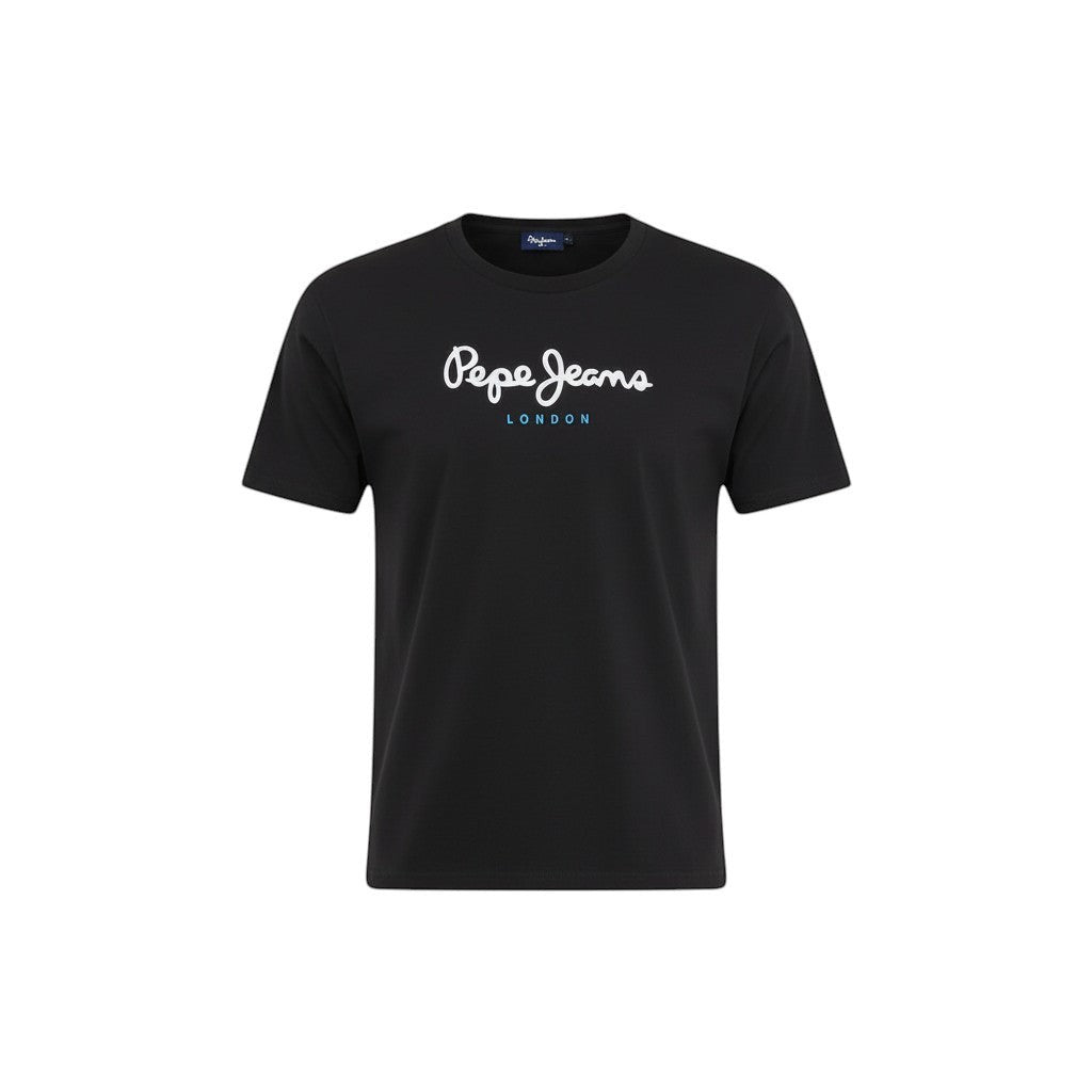 COMFORT black cotton t-shirt with Pepe Jeans London logo graphic on chest. Short sleeves, crew neck.