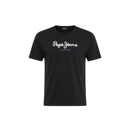 COMFORT black cotton t-shirt with Pepe Jeans London logo graphic on chest. Short sleeves, crew neck.