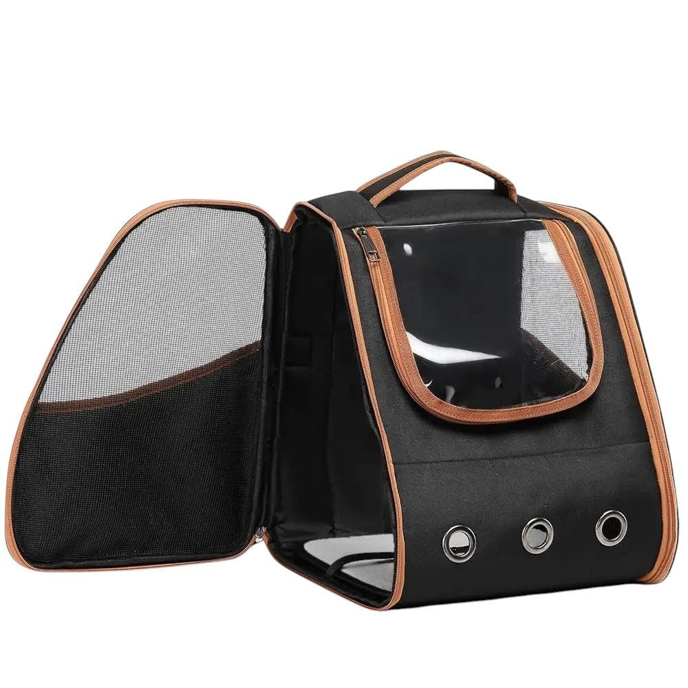 COMFORT black pet carrier backpack with clear window and mesh panels, tan trim, for travel