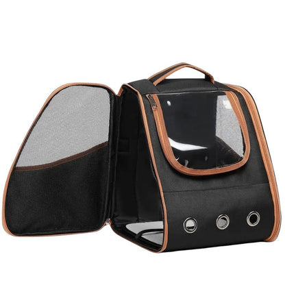 COMFORT black pet carrier backpack with clear window and mesh panels, tan trim, for travel