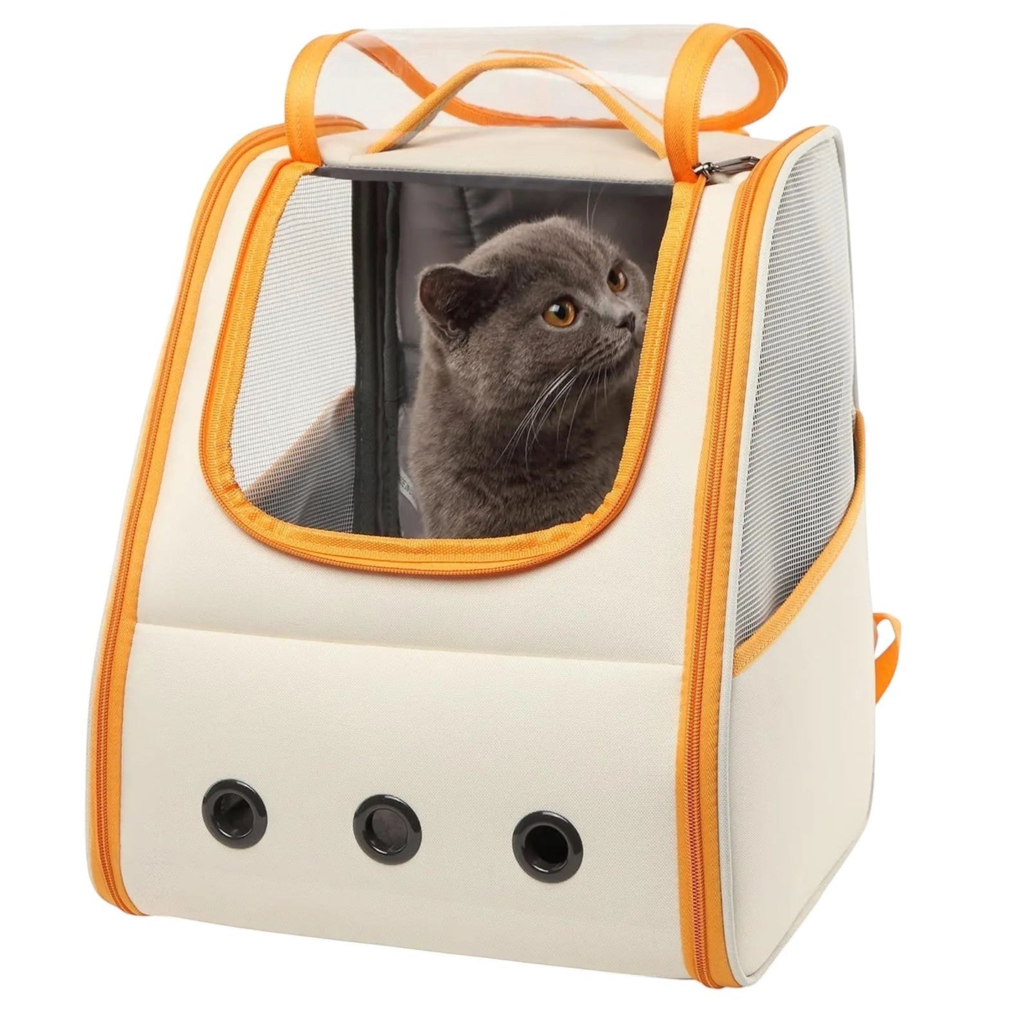 COMFORT cream pet carrier backpack with orange trim, mesh panels, and a grey cat looking out.