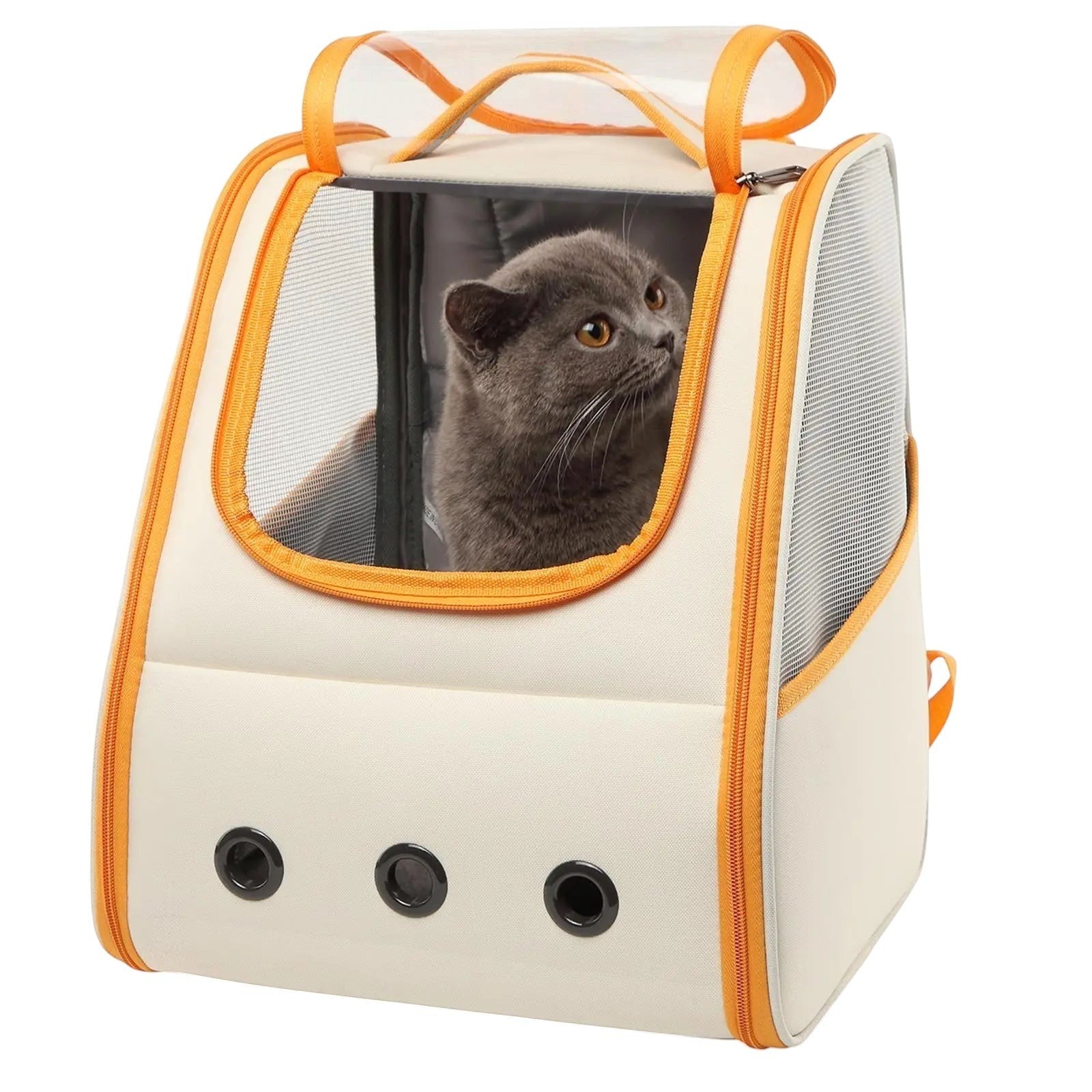 COMFORT cream pet carrier backpack with orange trim, mesh panels, and a grey cat looking out.