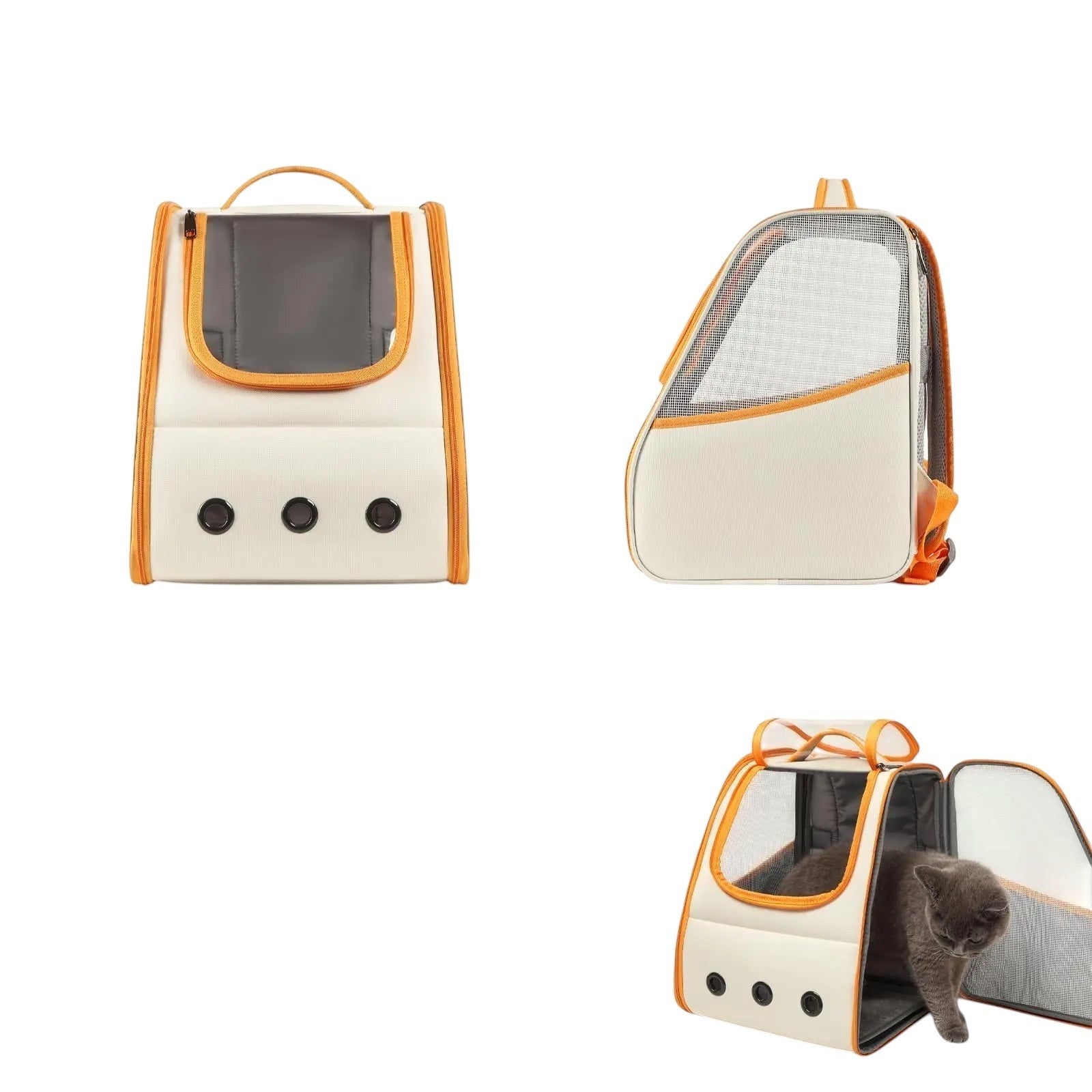COMFORT cream and orange pet carrier backpack with mesh panels and clear window, suitable for cats and small dogs.