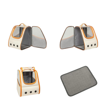 COMFORT cream and orange pet carrier backpack with mesh panels and removable mat. Features ventilation holes and top handle.