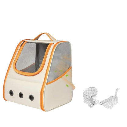 COMFORT cream pet carrier backpack with orange trim, mesh panels for ventilation and viewing, and three front air holes.